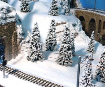 Plastico ferroviario innevato "Ferrovia Retica" alberi e neve
